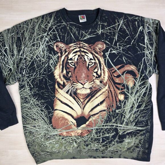 Vintage Fruit Of The Loom Sweatshirt Mens 2XL Tiger Graphic Crewneck AOP Grass - Picture 5 of 9